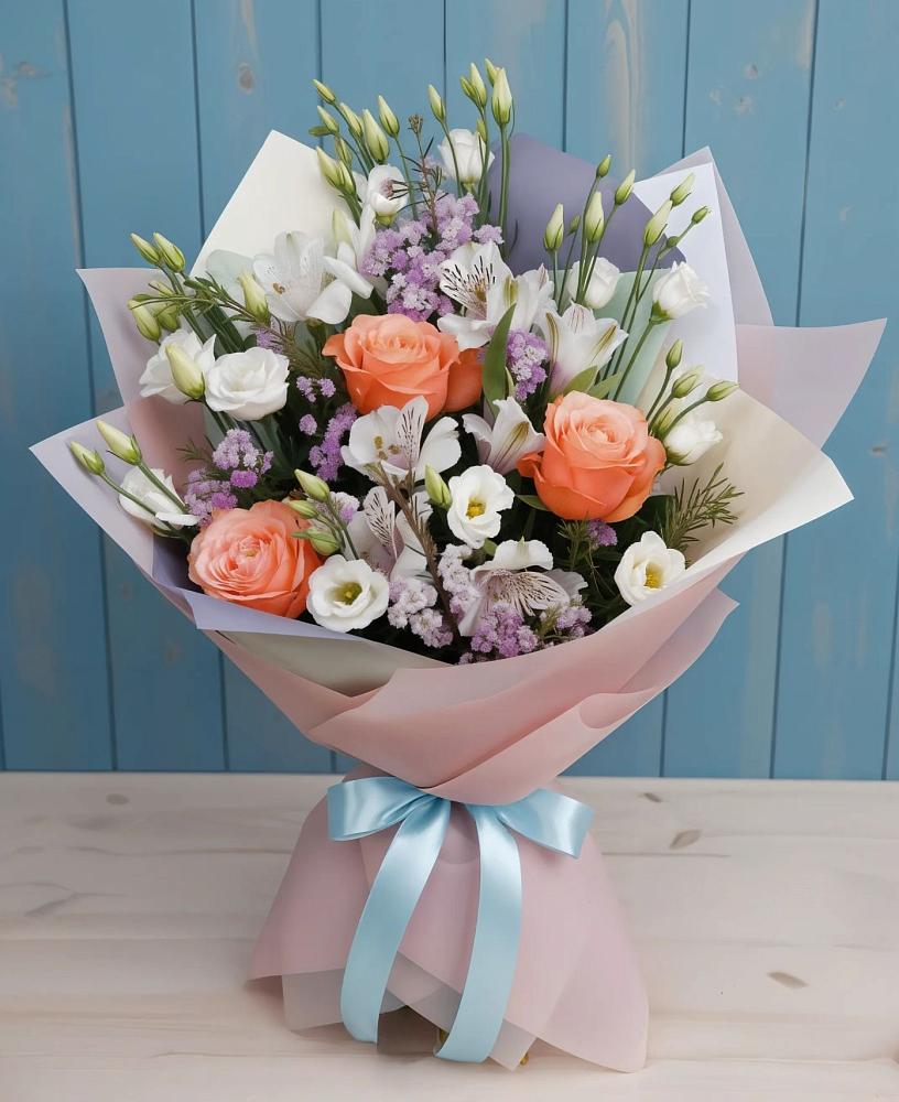 Букет цветов из: Лизиантусы, Розы, Альстромерии и Гипсофила в Карабаш Республики Татарстан