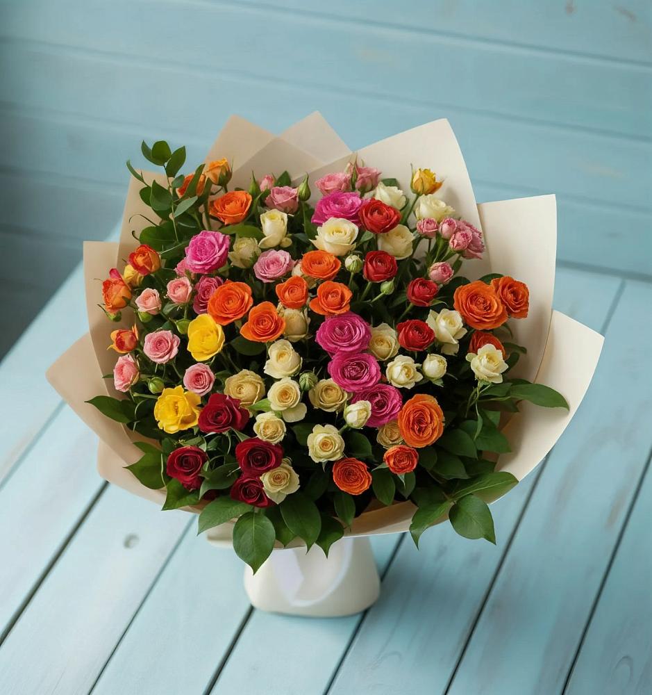 Букет Микс из разноцветных кустовых роз в Карабаш Республики Татарстан