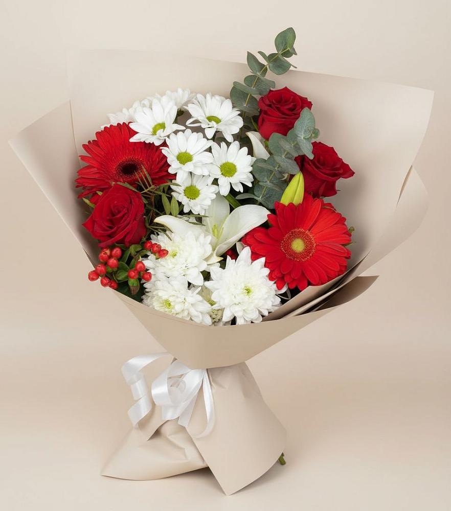 Букет цветов из: Розы, Хризантемы, Герберы и Лилии в Карабаш Республики Татарстан
