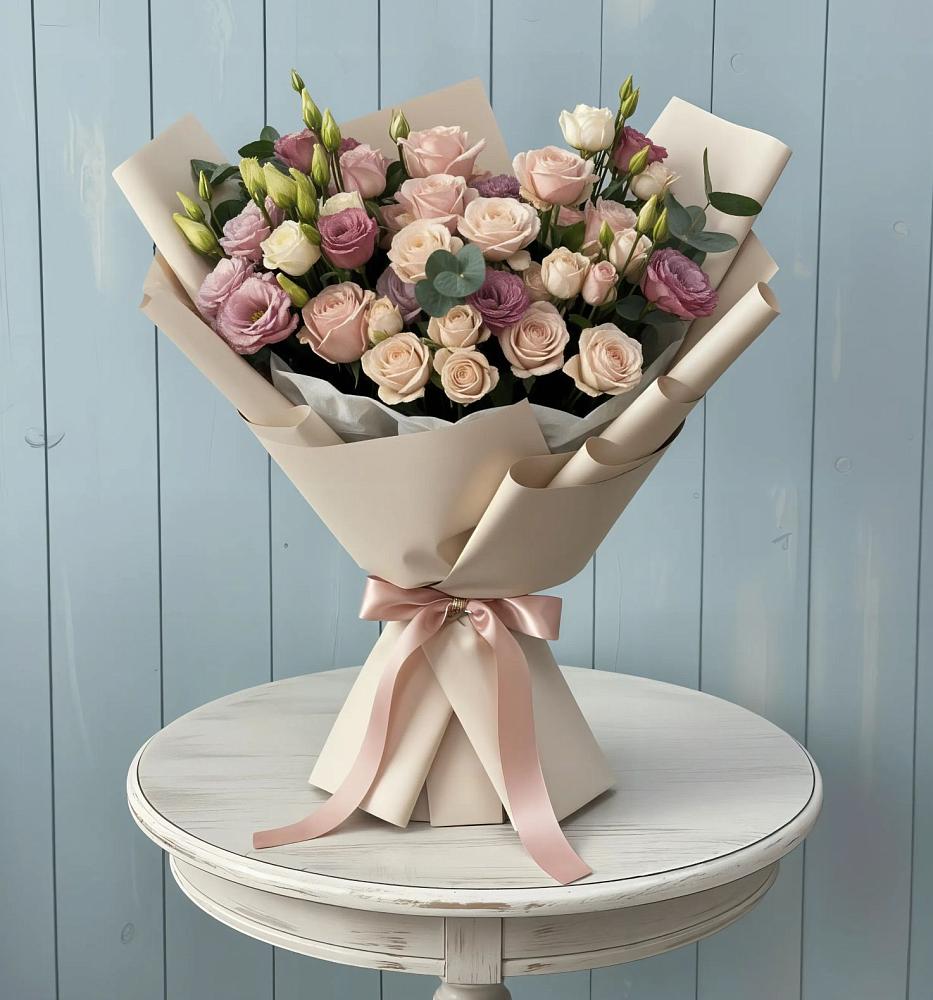 Букет цветов из: Розы и Лизиантусы в Карабаш Республики Татарстан