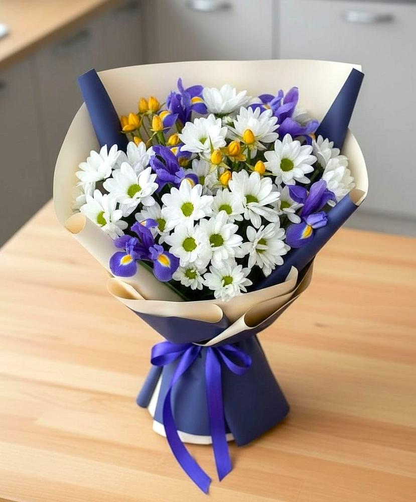 Букет цветов из: Розы, Ирисы и Хризантемы в Карабаш Республики Татарстан