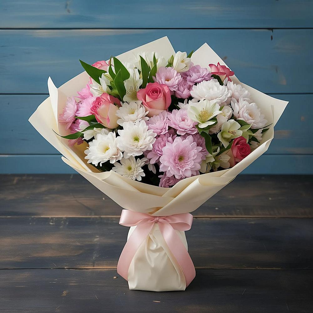 Букет цветов из: Хризантемы, Альстромерии и Розы в Карабаш Республики Татарстан